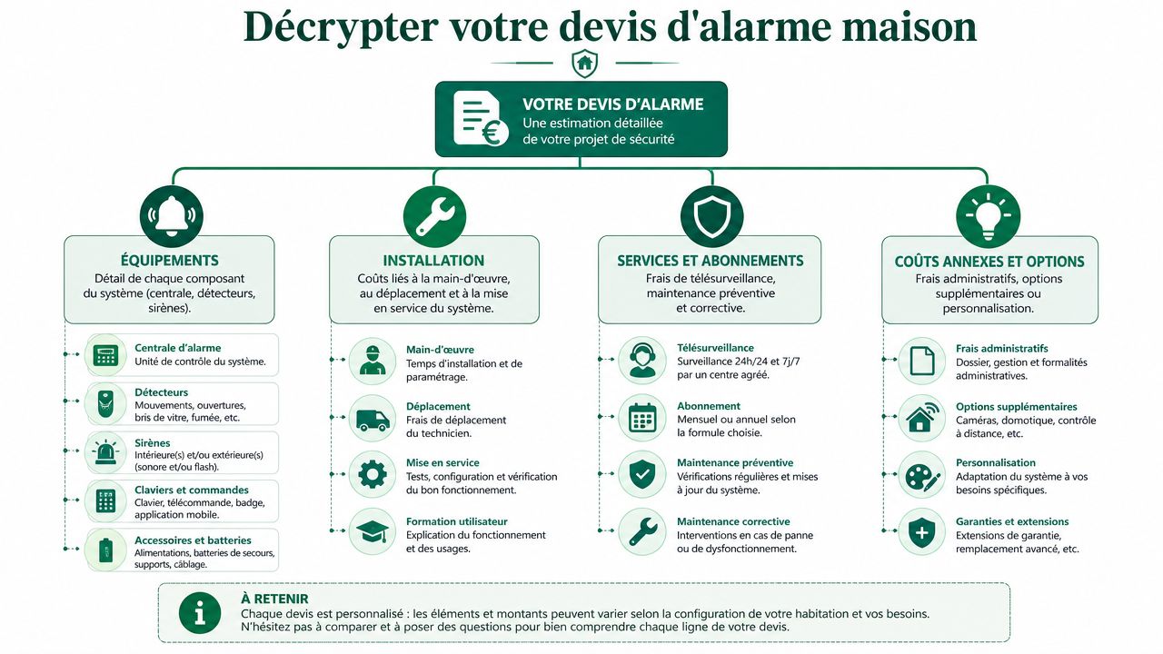 Infographie illustrant les différents éléments composant un devis d'installation d'alarme pour une maison.