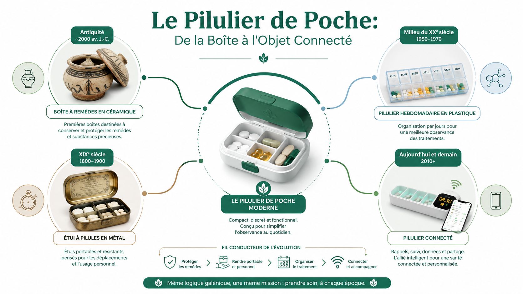 Infographie illustrant l'évolution historique du pilulier, de l'Antiquité au pilulier connecté moderne pour la santé.