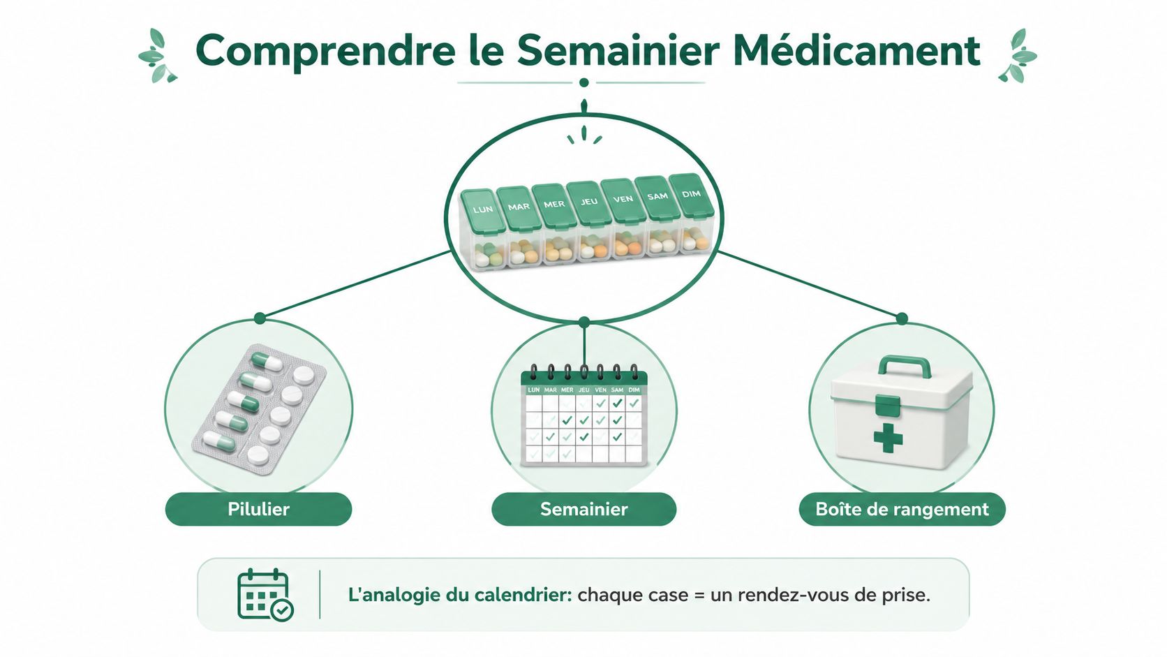 Une infographie pédagogique expliquant le fonctionnement d'un semainier pour organiser la prise quotidienne de ses médicaments.