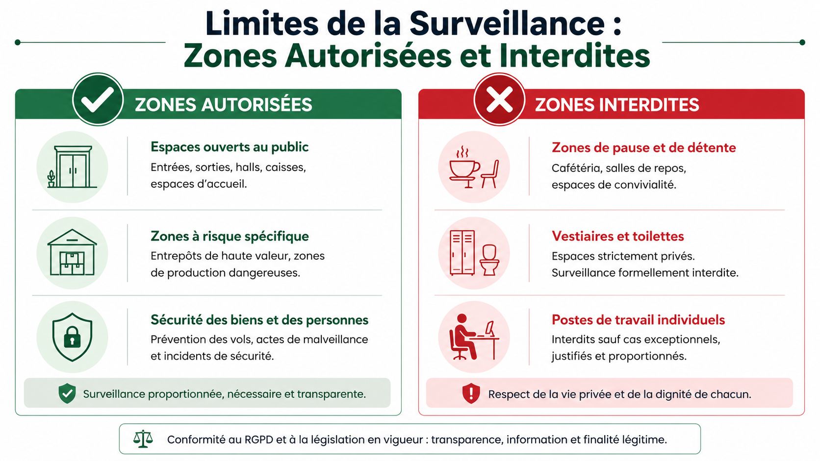 Infographie illustrant les zones autorisées et interdites pour la vidéosurveillance au travail selon la réglementation française.