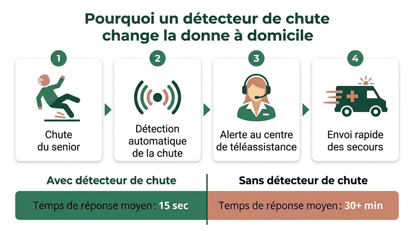 Infographie montrant le fonctionnement d'un détecteur de chute pour seniors et son impact sur le temps de réponse.