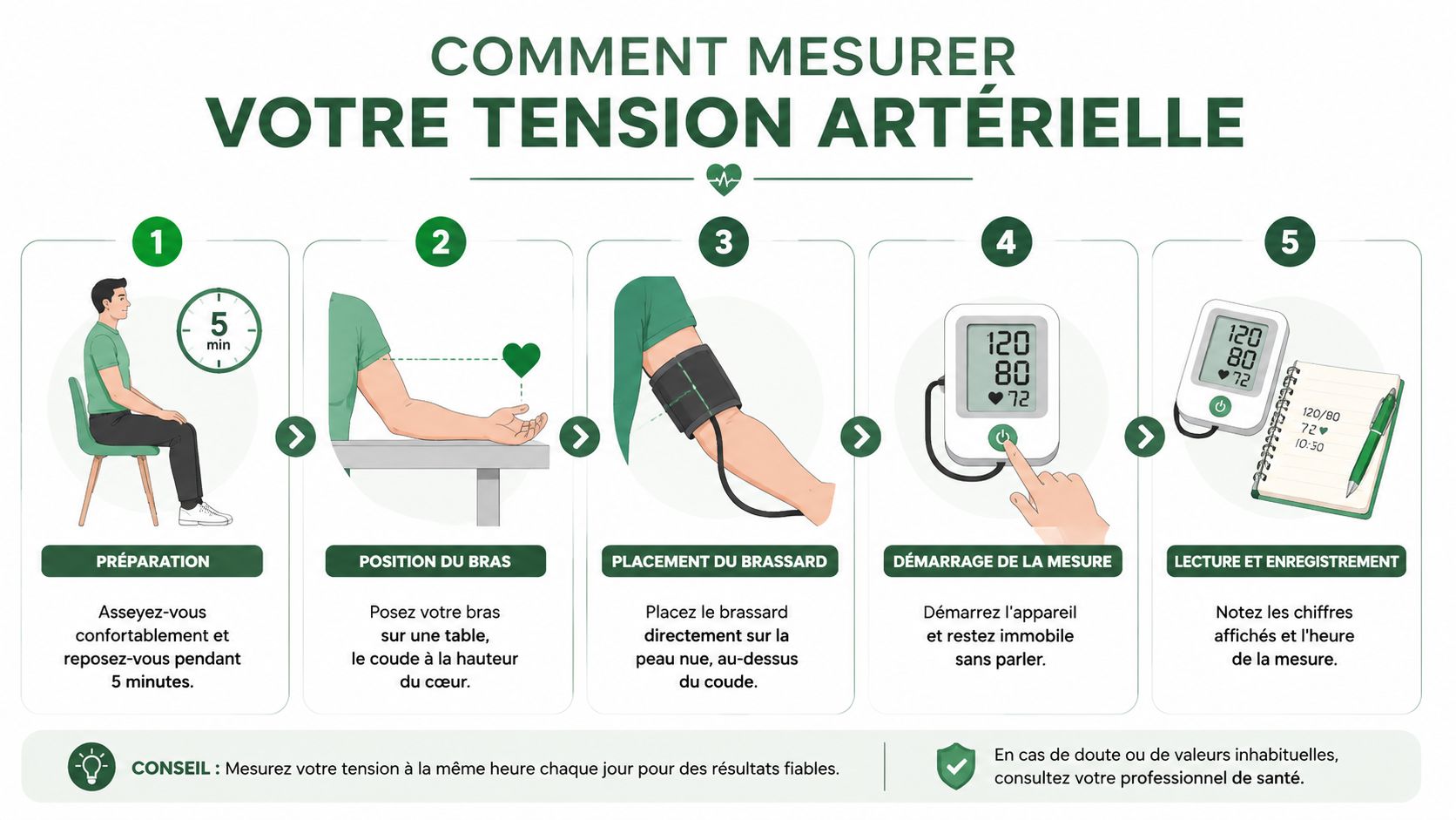 Infographie illustrant les cinq étapes pour mesurer correctement sa tension artérielle à domicile avec un tensiomètre.
