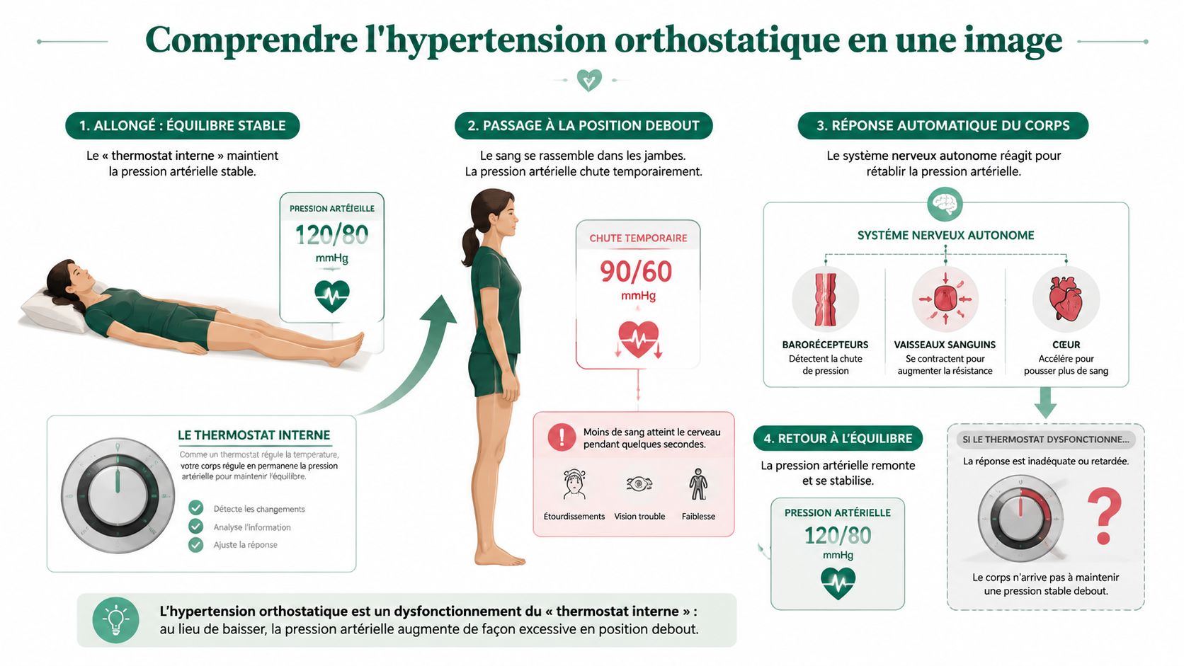 Infographie explicative illustrant le mécanisme physiologique et les symptômes de l'hypotension orthostatique chez une patiente.