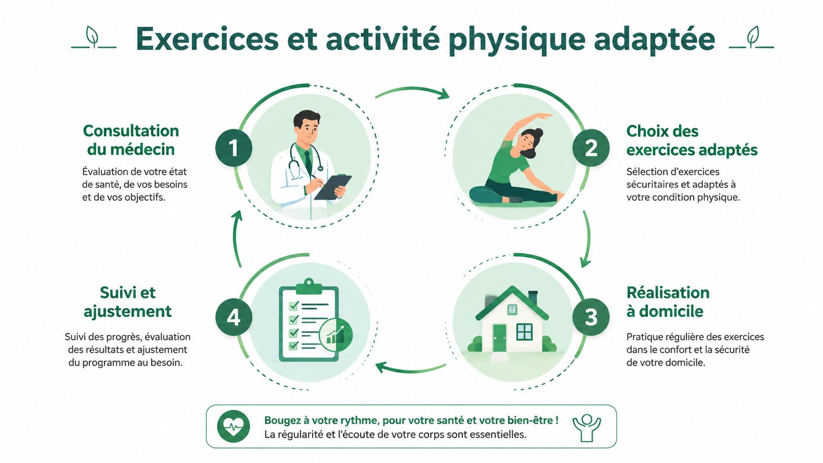 Un schéma en quatre étapes illustrant le processus d'exercices et d'activité physique adaptée pour la santé.