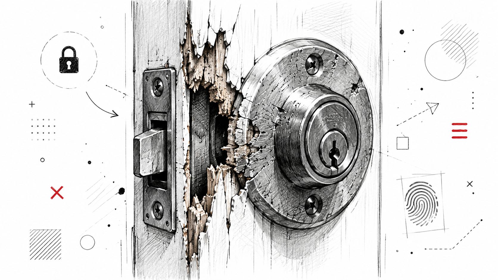 Une porte en bois endommagée et forcée autour d'une serrure, illustrant une effraction et une situation d'assurance.