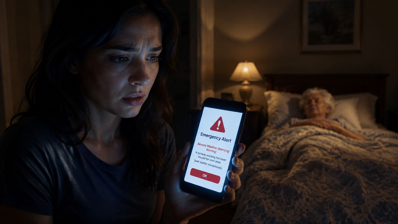 Une femme anxieuse tenant un téléphone affichant une alerte météo de tornade dans une chambre sombre.