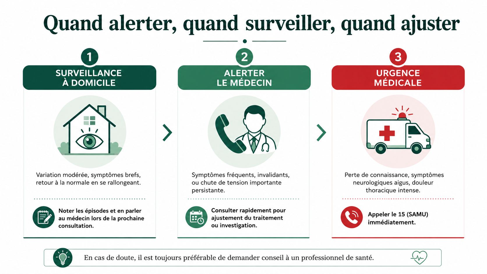Infographie médicale indiquant quand surveiller, alerter le médecin ou appeler les urgences pour des symptômes de santé.