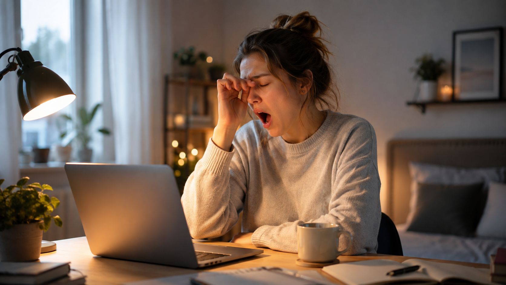 Une femme fatiguée et somnolente baille devant son ordinateur portable tard le soir dans un bureau à domicile.