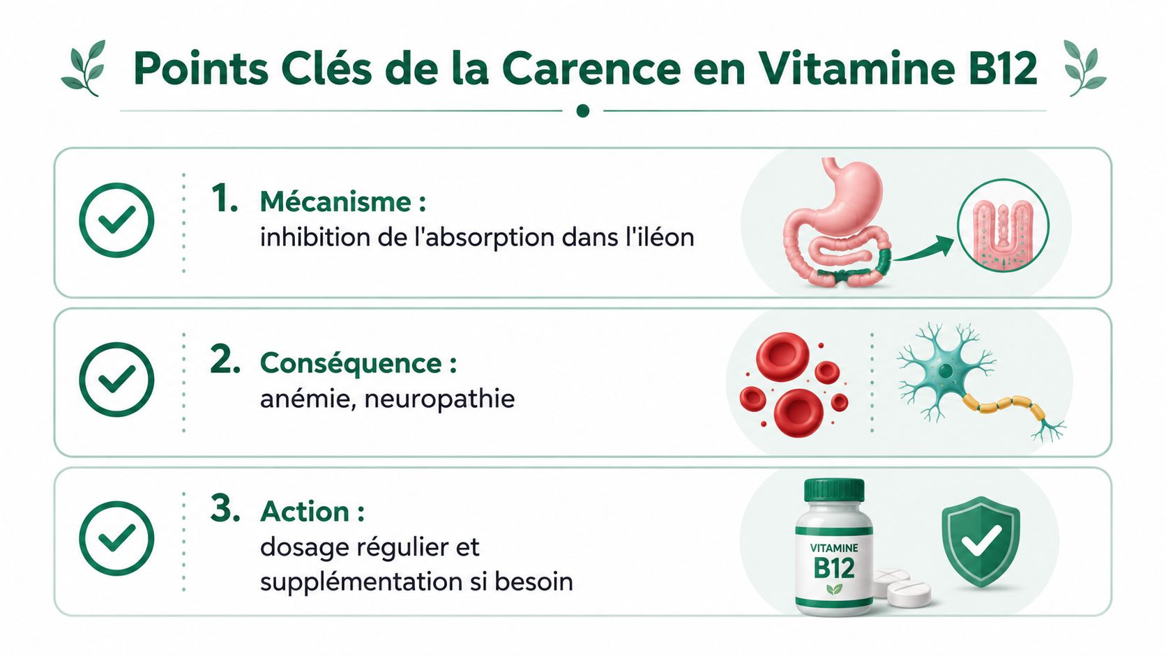 Infographie présentant les mécanismes, conséquences et actions liés à une carence en vitamine B12 dans l'organisme.