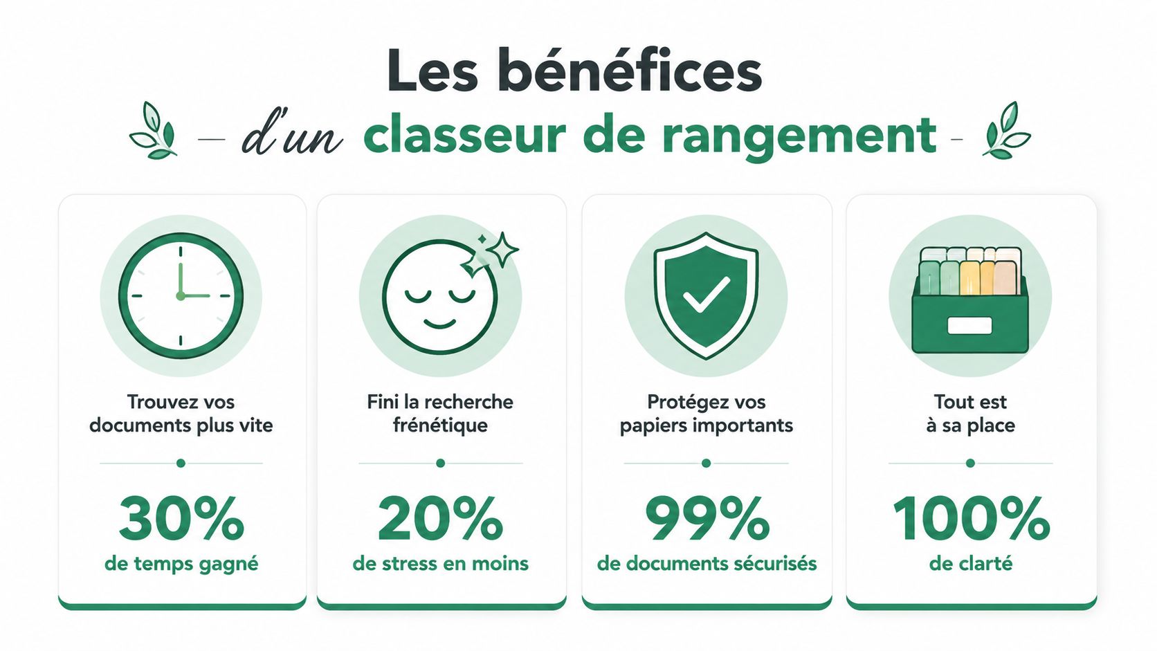 Infographie présentant les avantages d'utiliser un classeur de rangement pour organiser efficacement vos documents personnels.