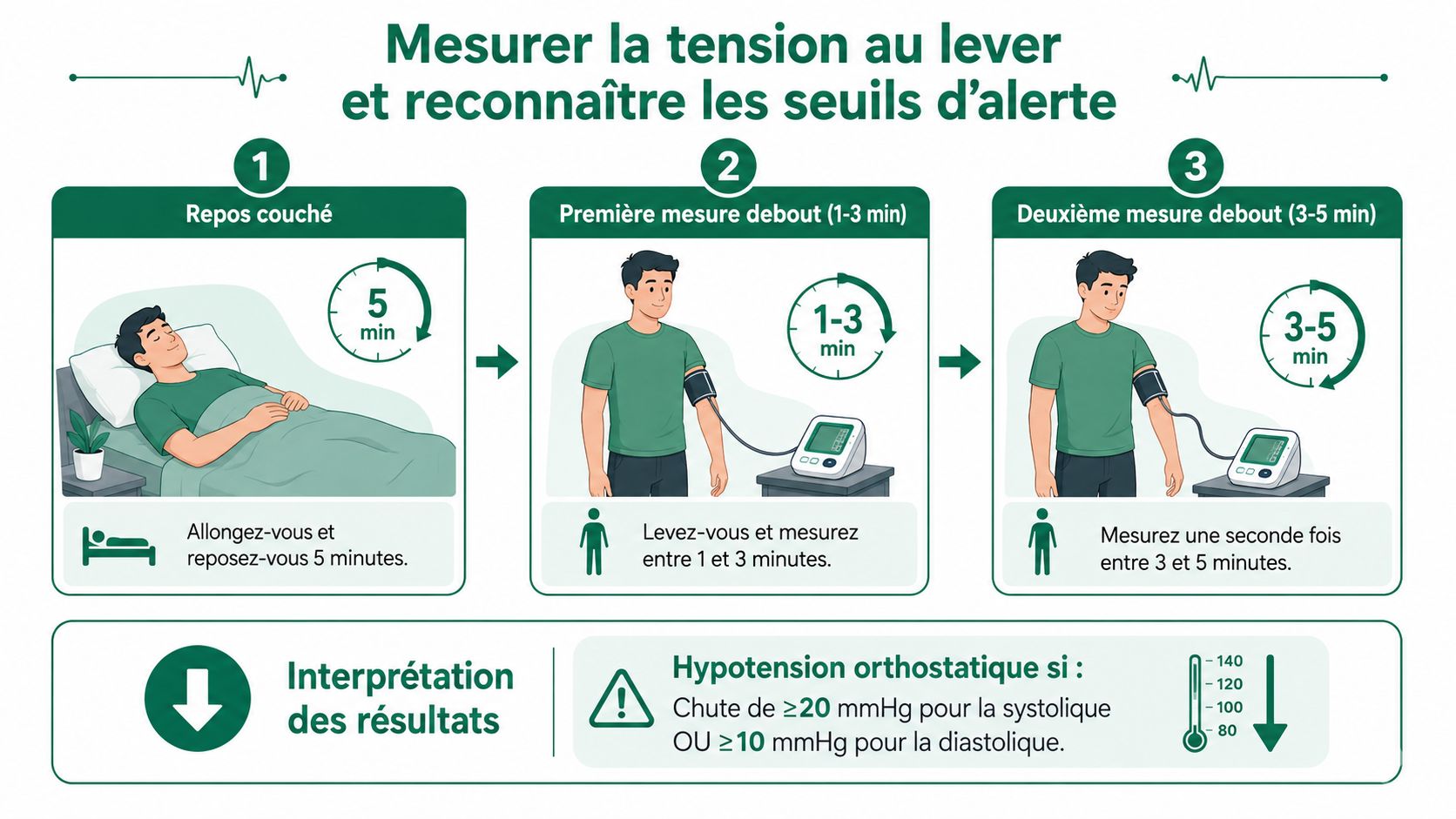 Infographie expliquant comment mesurer sa tension artérielle en position couchée puis debout pour détecter une hypotension orthostatique.