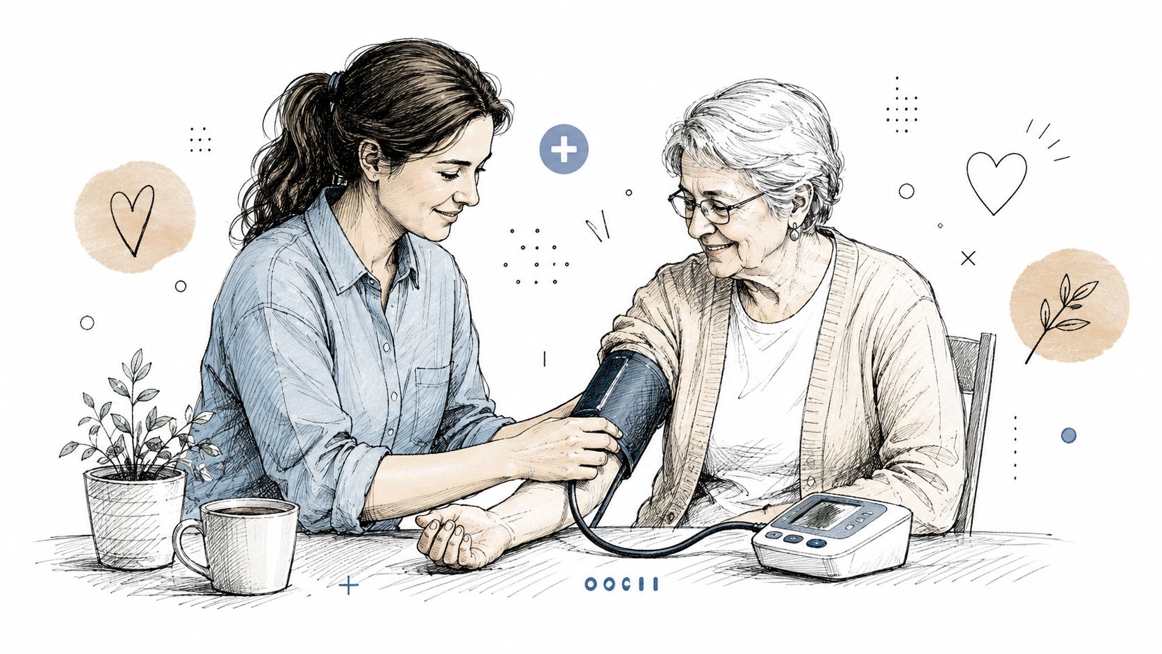 Une infirmière ou une aidante mesure la tension artérielle d'une femme âgée souriante à domicile.