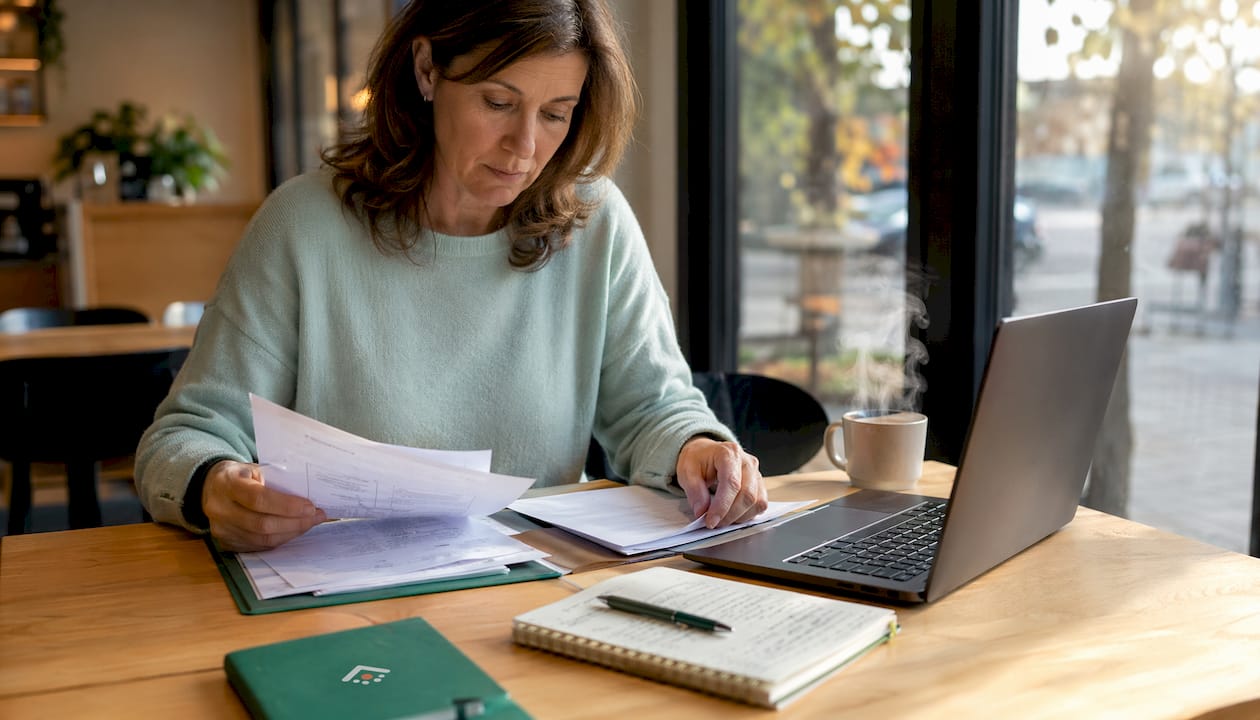 Une femme trie et classe des documents pour accompagner un proche en situation de dépendance.