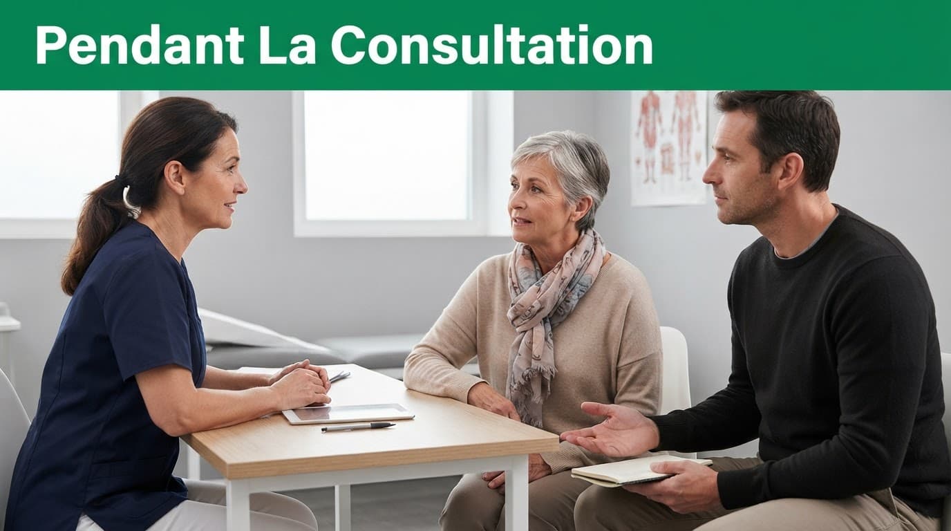 Un médecin échange avec une personne accompagnée, sous le regard d'un proche tenant un carnet ouvert.