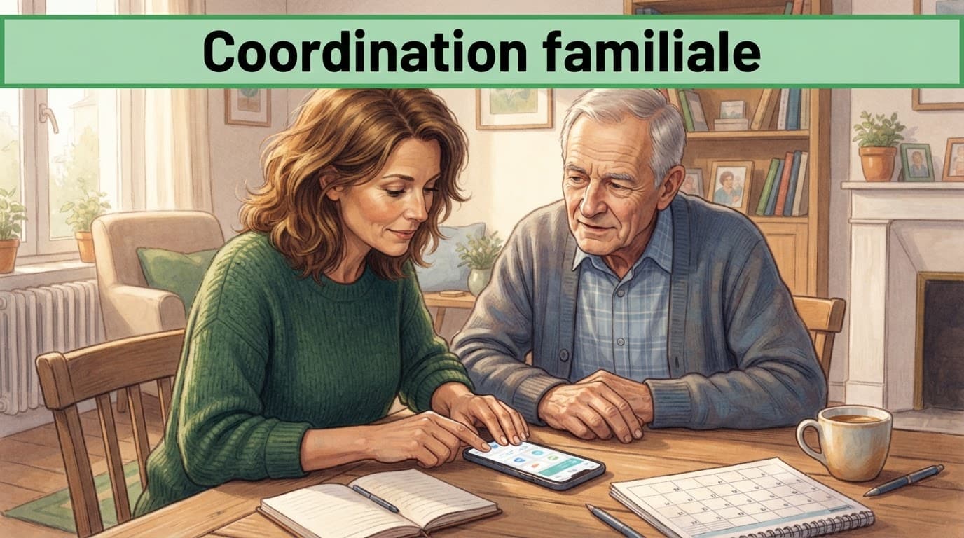 Deux proches consultent un smartphone à table, avec un carnet et un calendrier.