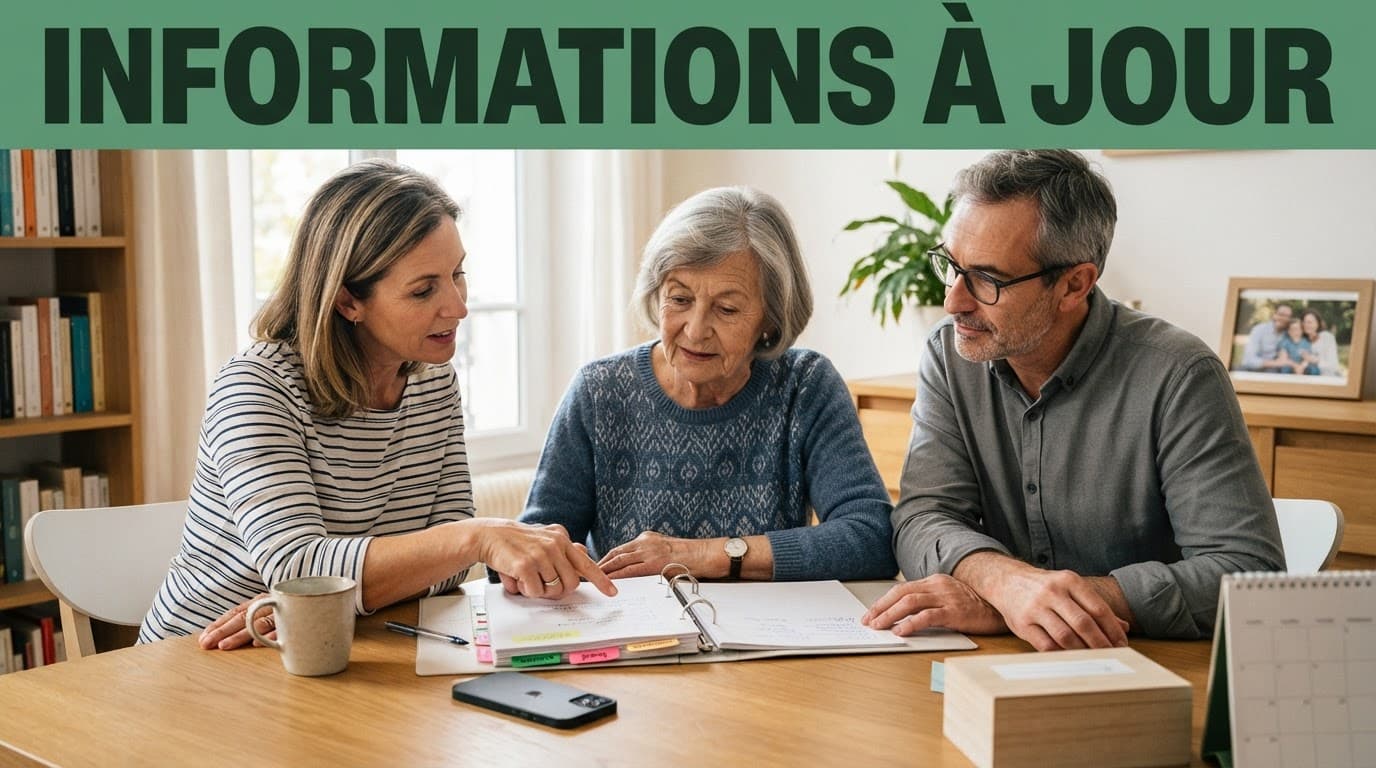 Trois proches réunis autour d'une table avec un classeur d'urgence et un smartphone.