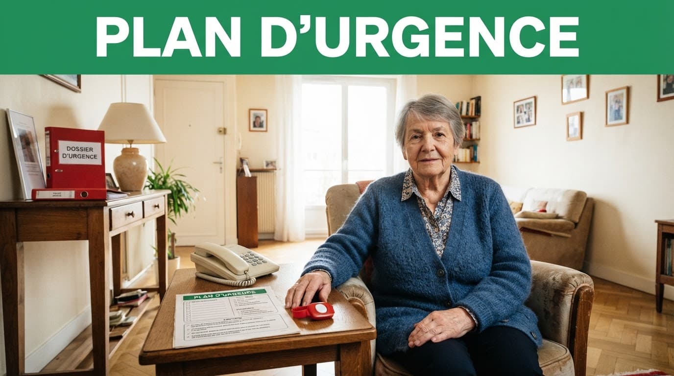 Une personne âgée près d'une table avec téléphone, bracelet d'alerte et plan d'urgence.