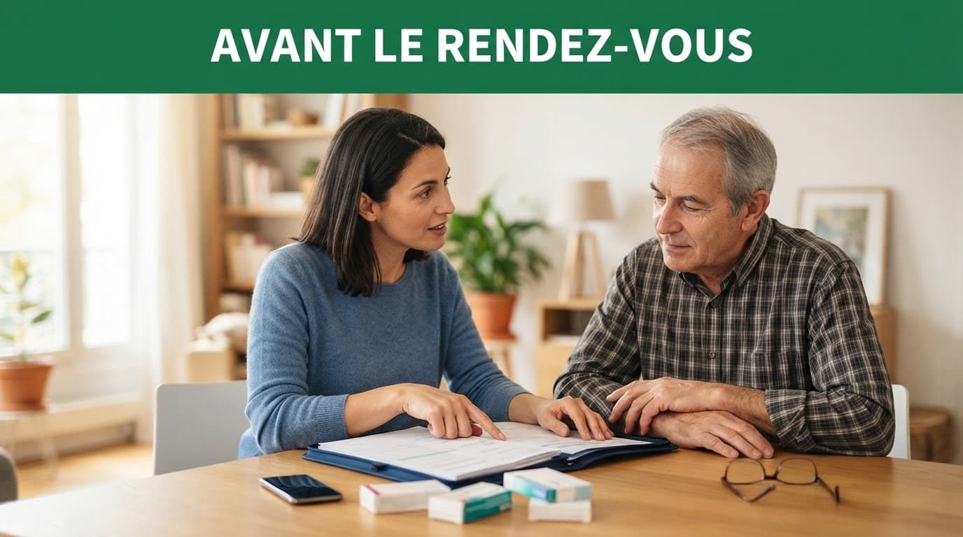 Un aidant et une personne âgée préparent un rendez-vous autour d'une table.