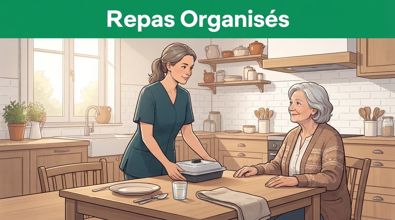 Une personne âgée reçoit un plateau-repas couvert dans une cuisine lumineuse.
