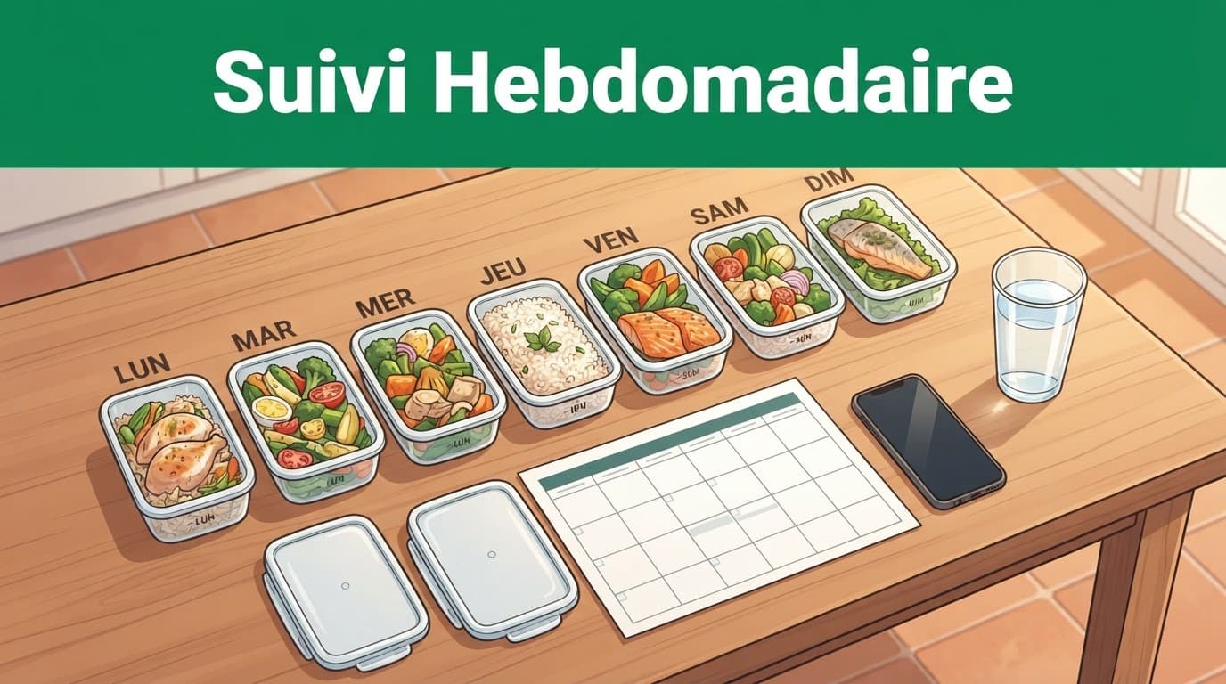 Sept contenants de repas, un calendrier, un téléphone et un verre d'eau sur une table.