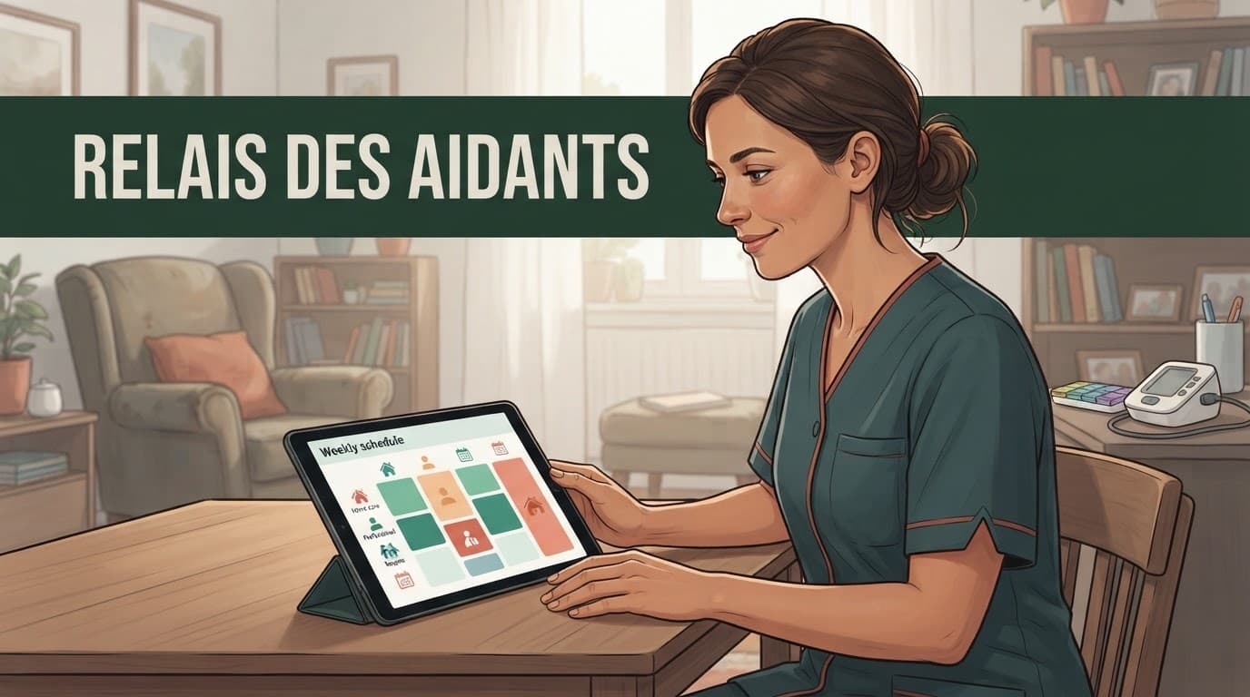 Une professionnelle consulte une tablette dans le salon aménagé d'une personne âgée.