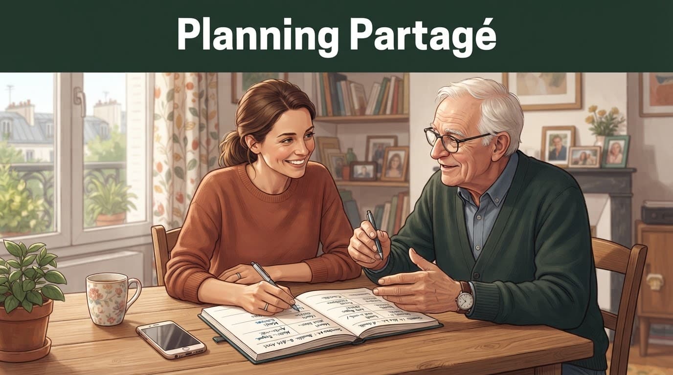 Une fille et son père organisent ensemble un planning d'aide à domicile autour d'une table.