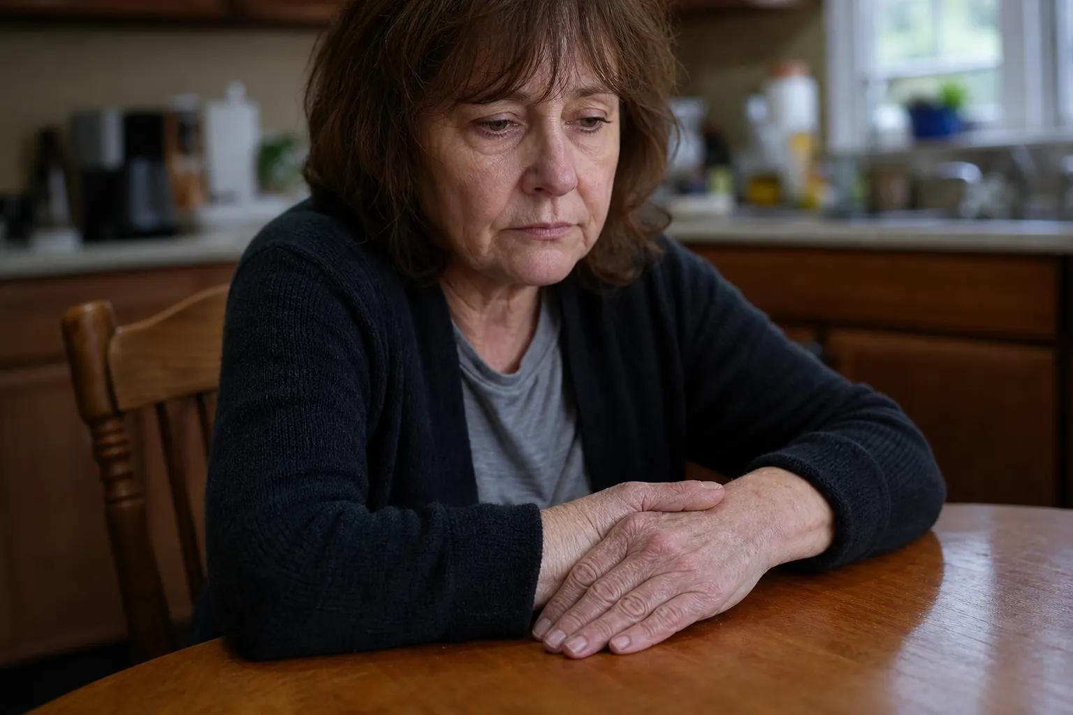 Femme âgée, l'air préoccupé, assise à une table dans une cuisine.