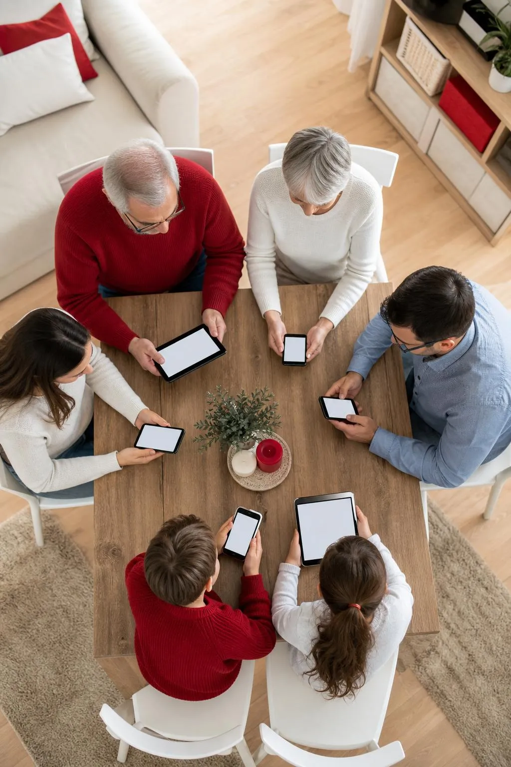 Groupe de personnes utilisant des appareils mobiles dans un salon confortable.