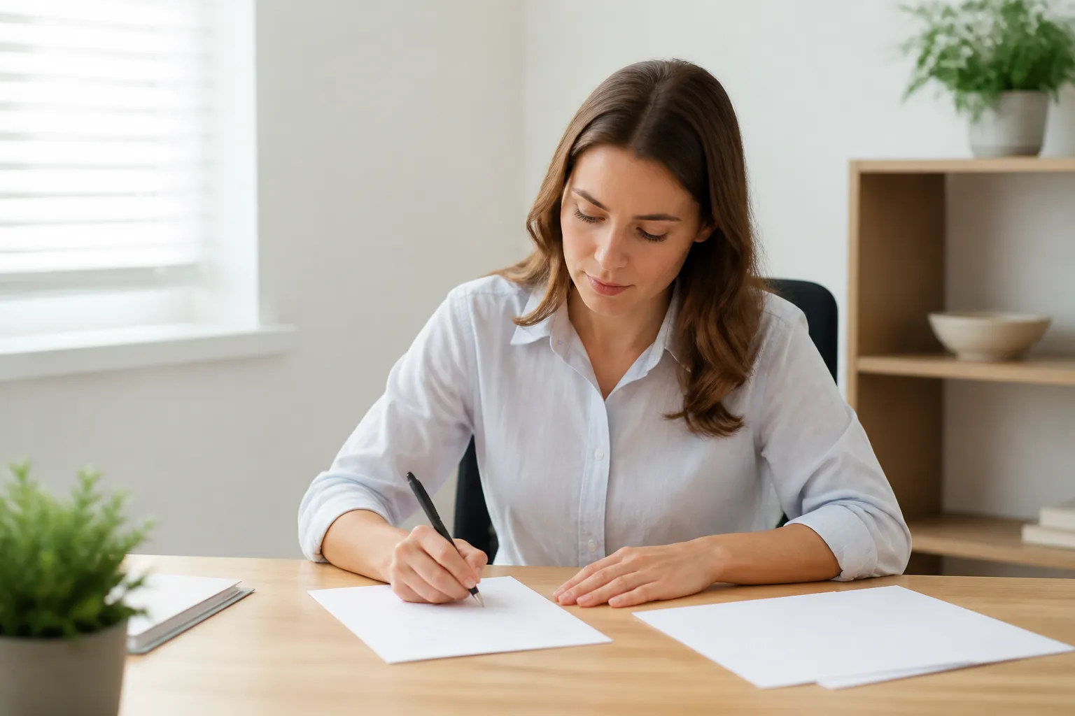 Femme concentrée écrivant sur des documents sur un bureau.