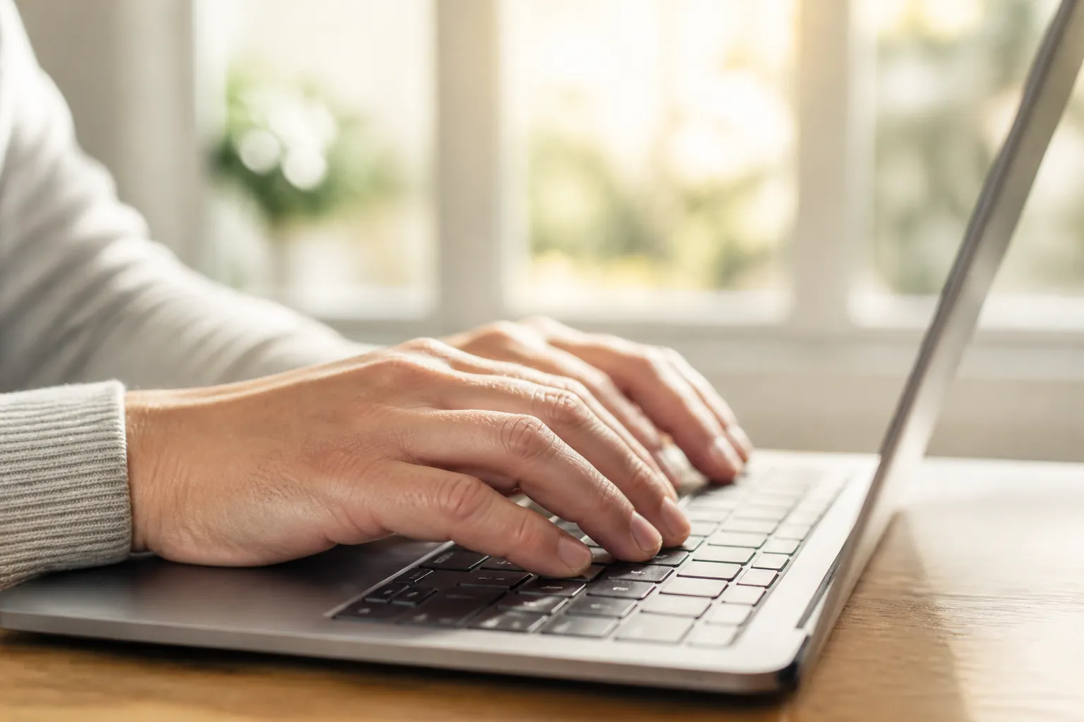 Mains tapant sur un clavier d'ordinateur portable dans un environnement de travail.
