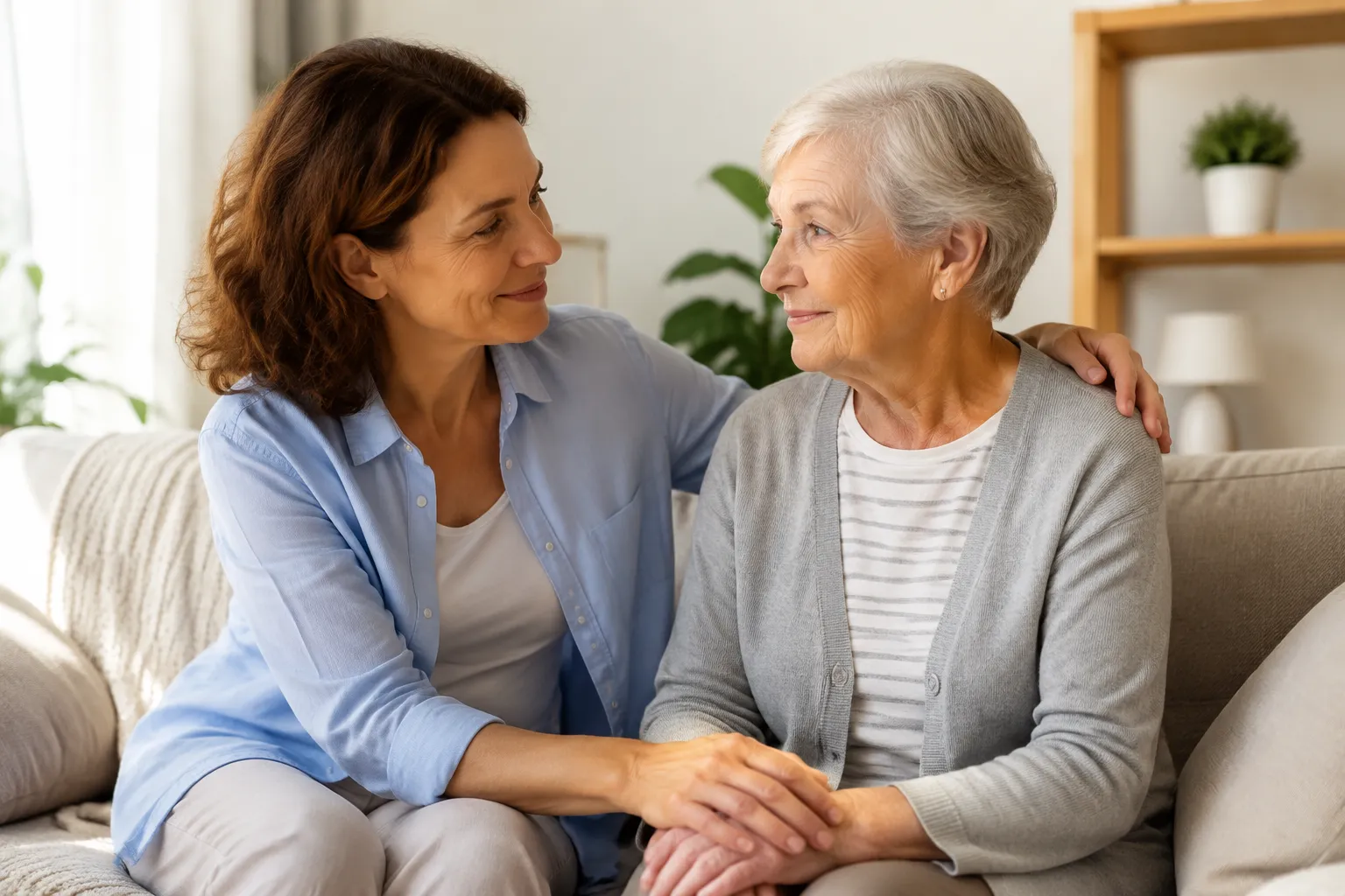 Deux femmes âgées, l'une plus jeune et l'autre plus âgée, se tenant la main et se regardant avec affection.