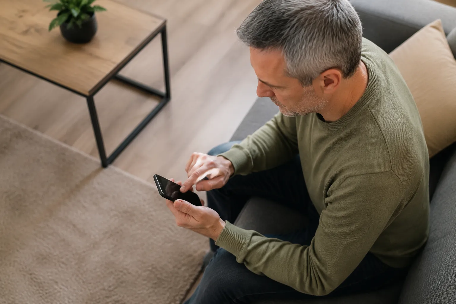 Homme assis sur un canapé, utilisant un téléphone portable.