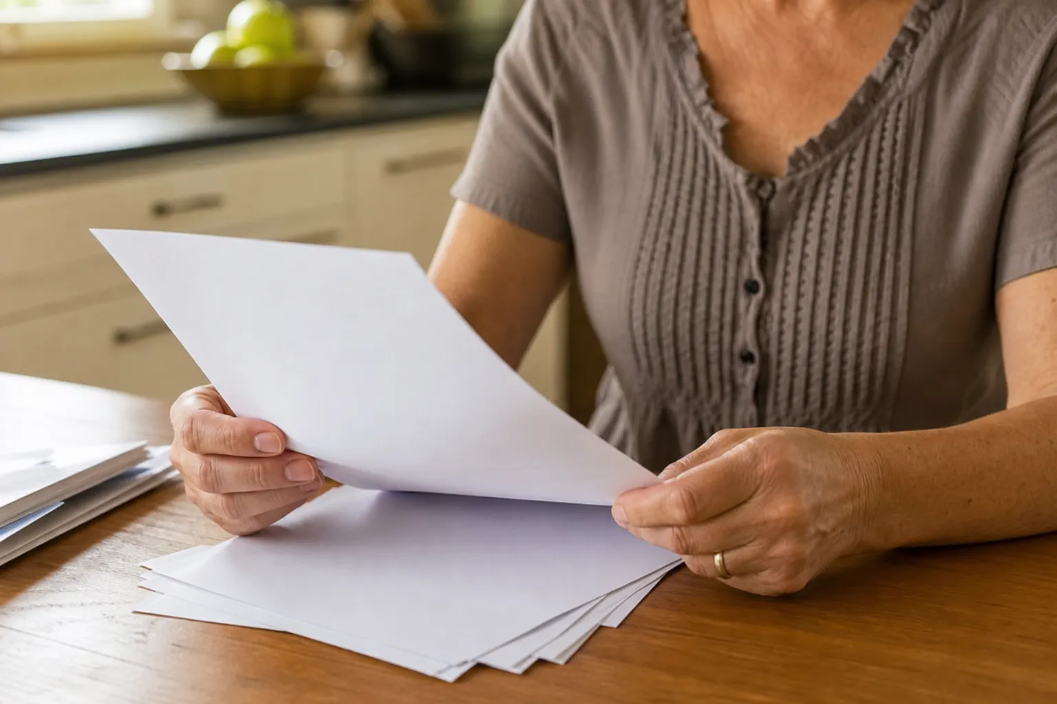 Personne tenant des documents papiers sur une table de cuisine.