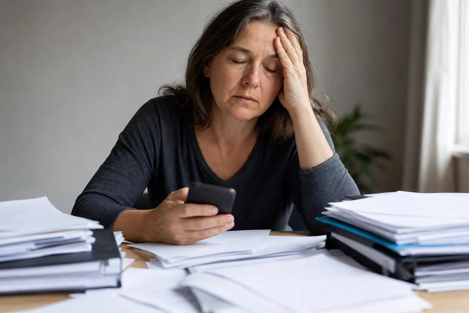 Femme stressée avec des documents et un téléphone portable.