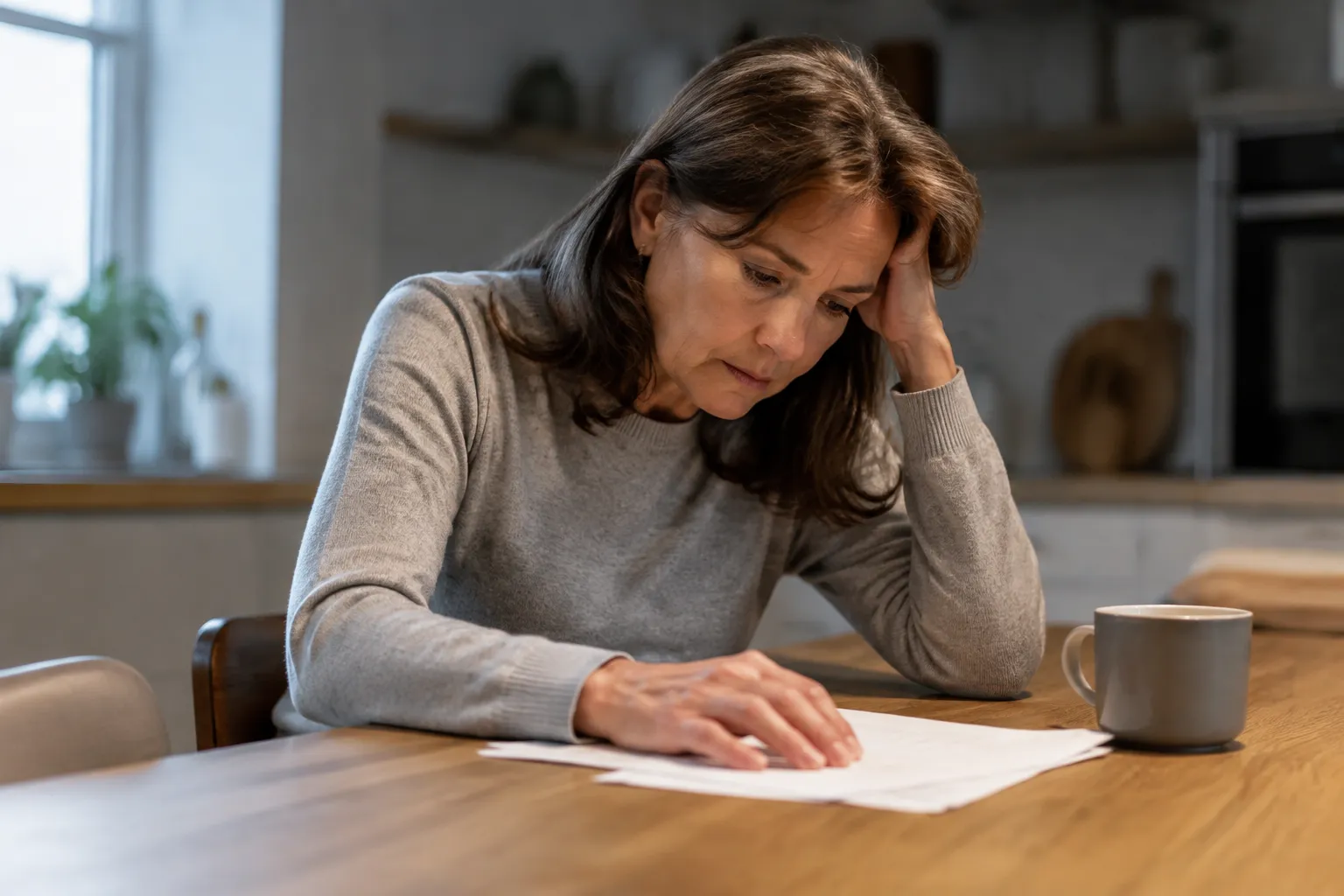 Femme adulte concentrée sur un document sur la table.