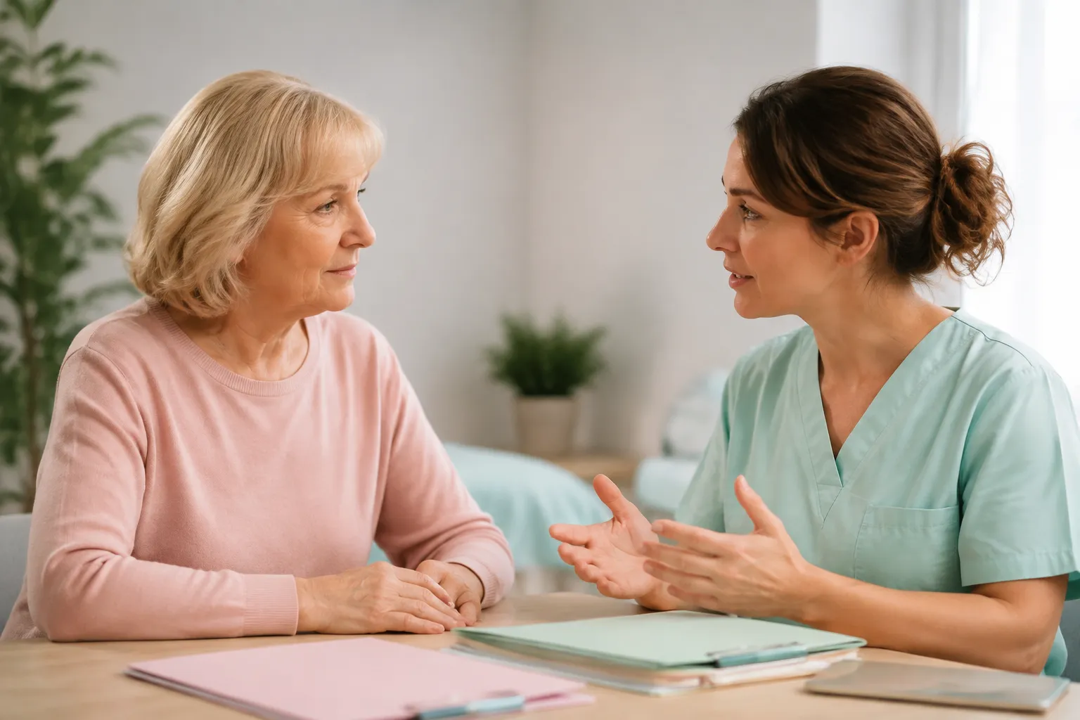 Deux femmes en discussion, l'une âgée et l'autre jeune, dans un environnement calme et serein.