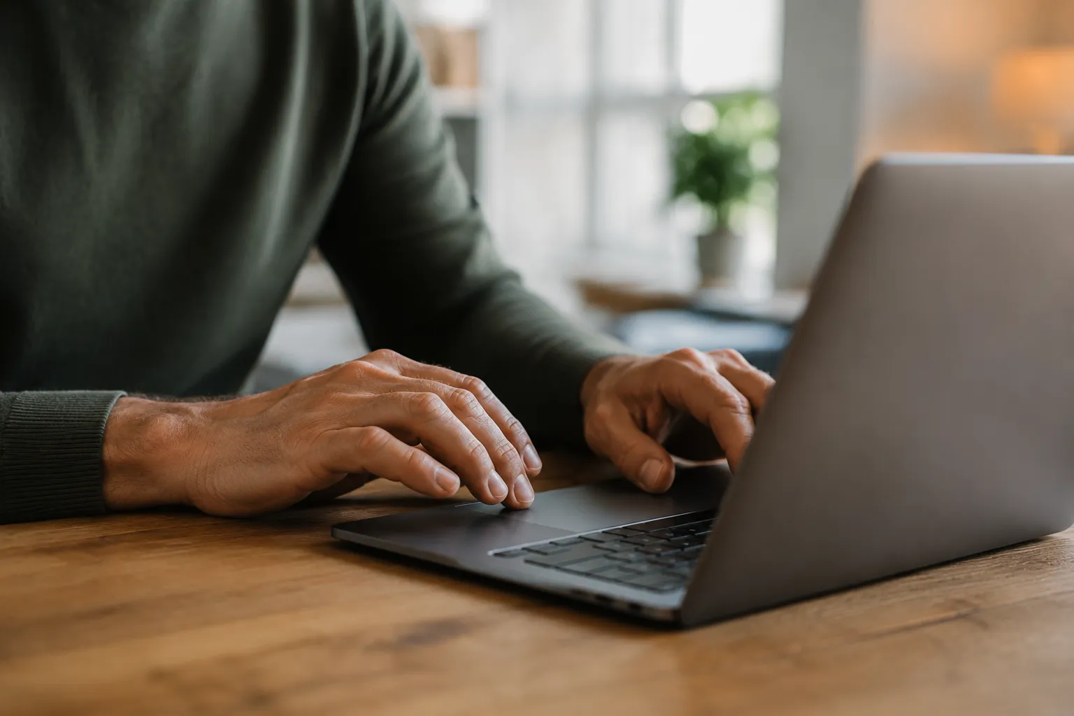 Mains d'un homme tapant sur un ordinateur portable dans un bureau.