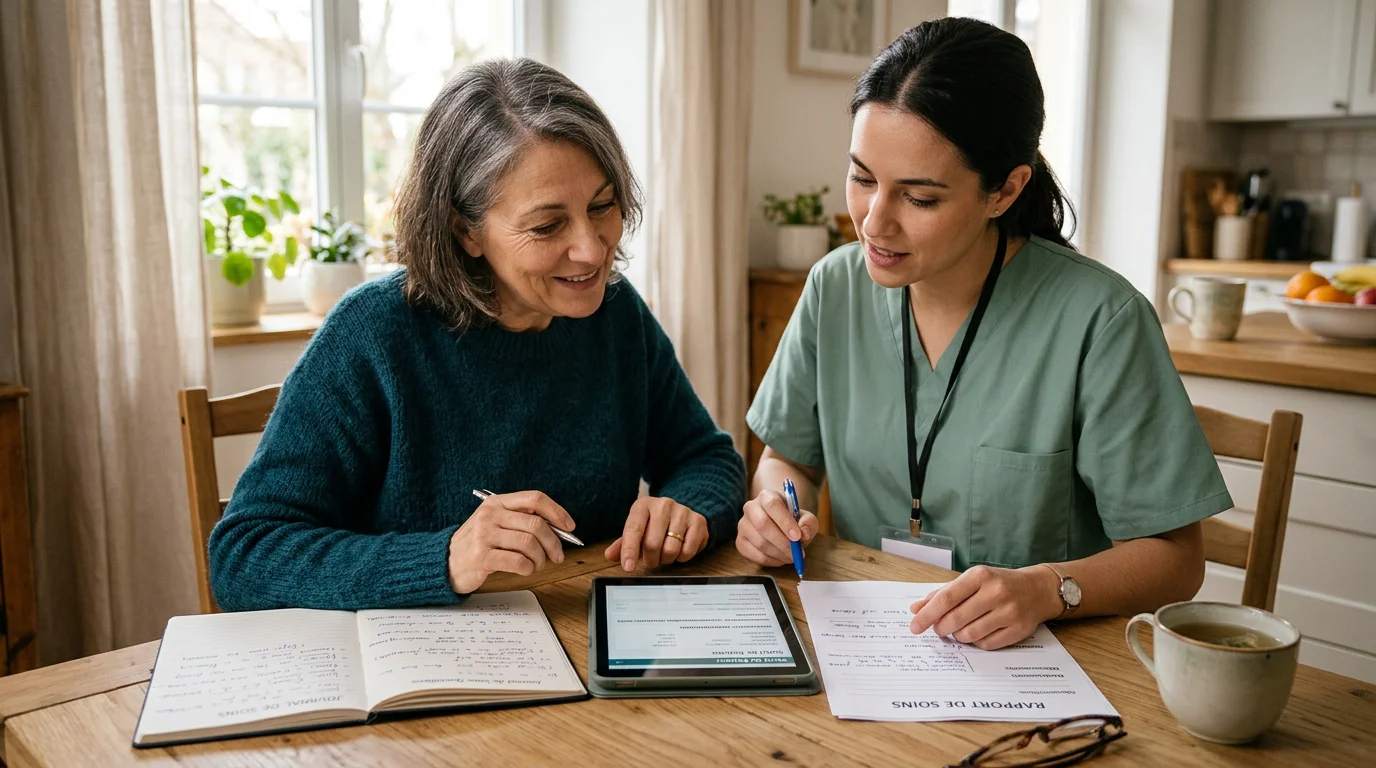 Une aidante et une infirmière consultent ensemble le suivi des soins à domicile