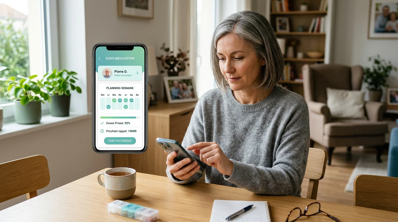 Une aidante suit les traitements de son proche depuis une application mobile