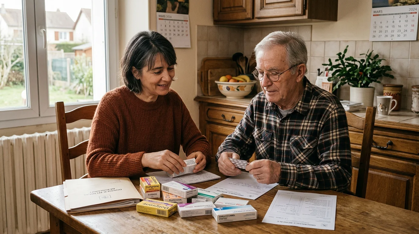 Une personne aide un parent âgé à trier ses médicaments et ses papiers à la maison