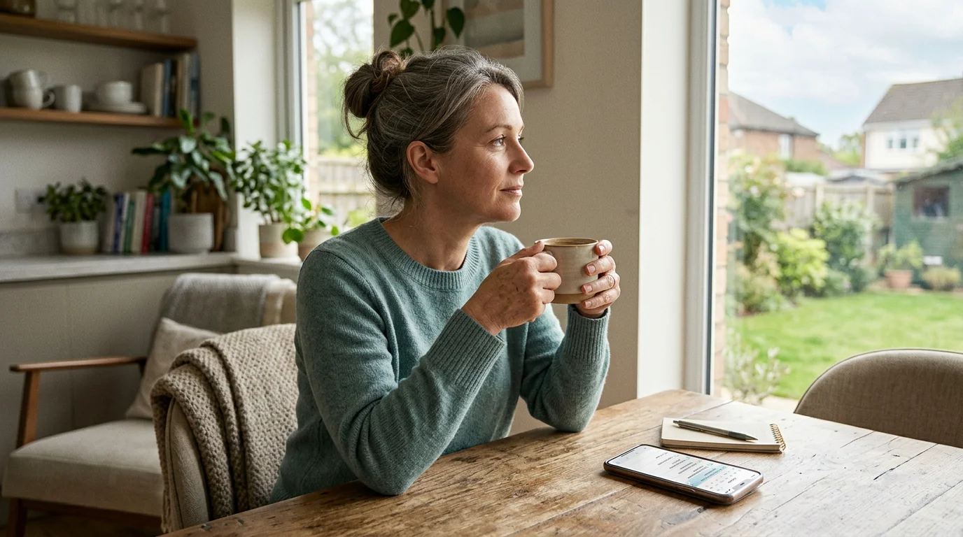 Un aidant fait une pause avec un café et un planning sur son téléphone