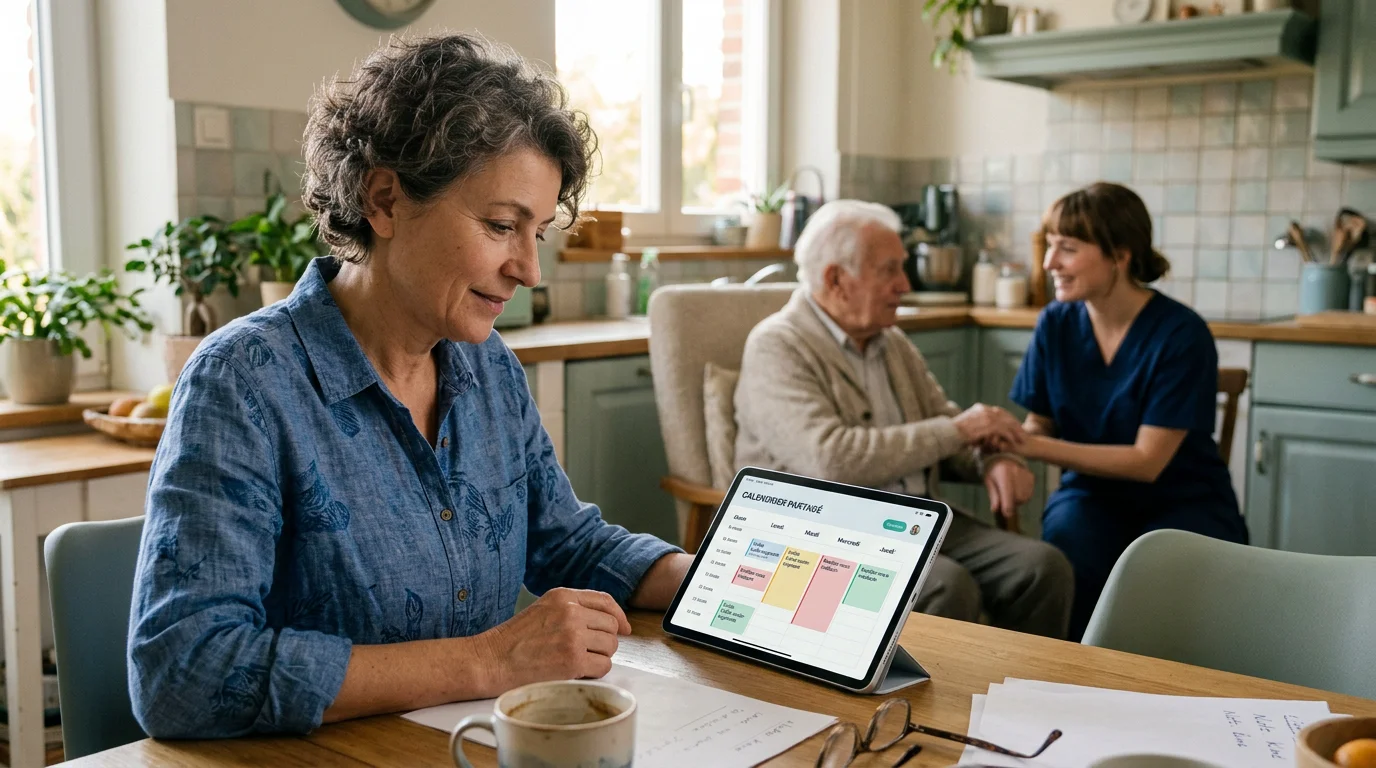 Une aidante consulte un planning de soins à domicile partagé sur une tablette