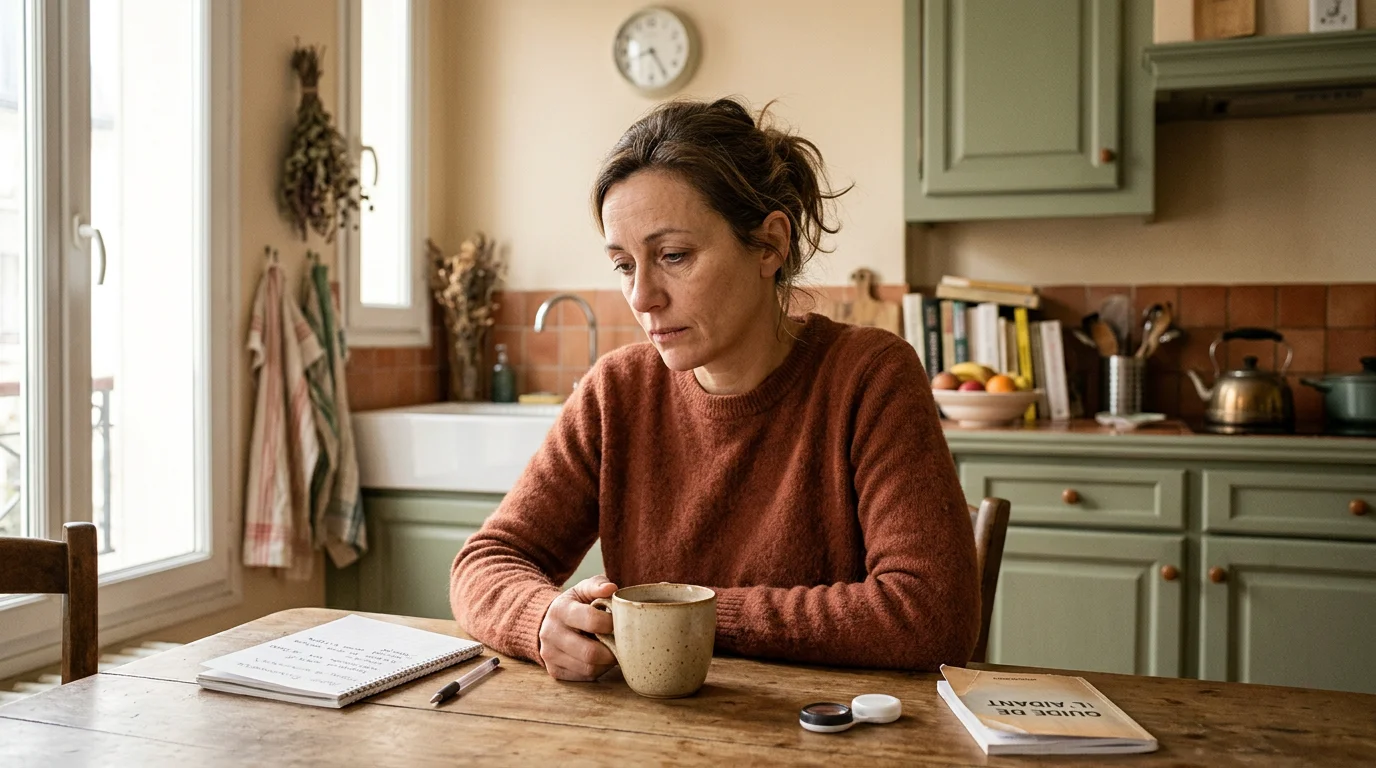 Aidante fatiguée assise dans sa cuisine, illustrant la charge de l'accompagnement