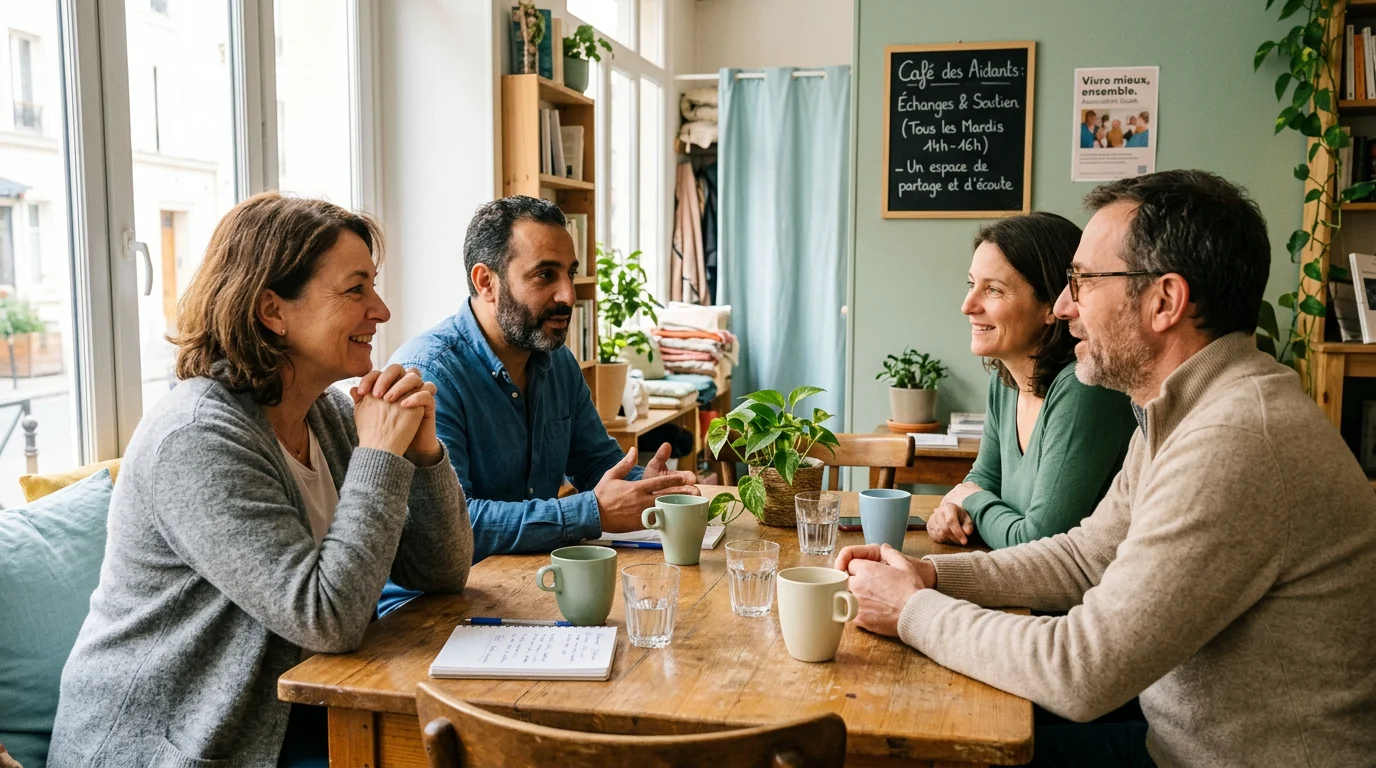 Groupe de parole entre aidants échangeant dans une salle conviviale
