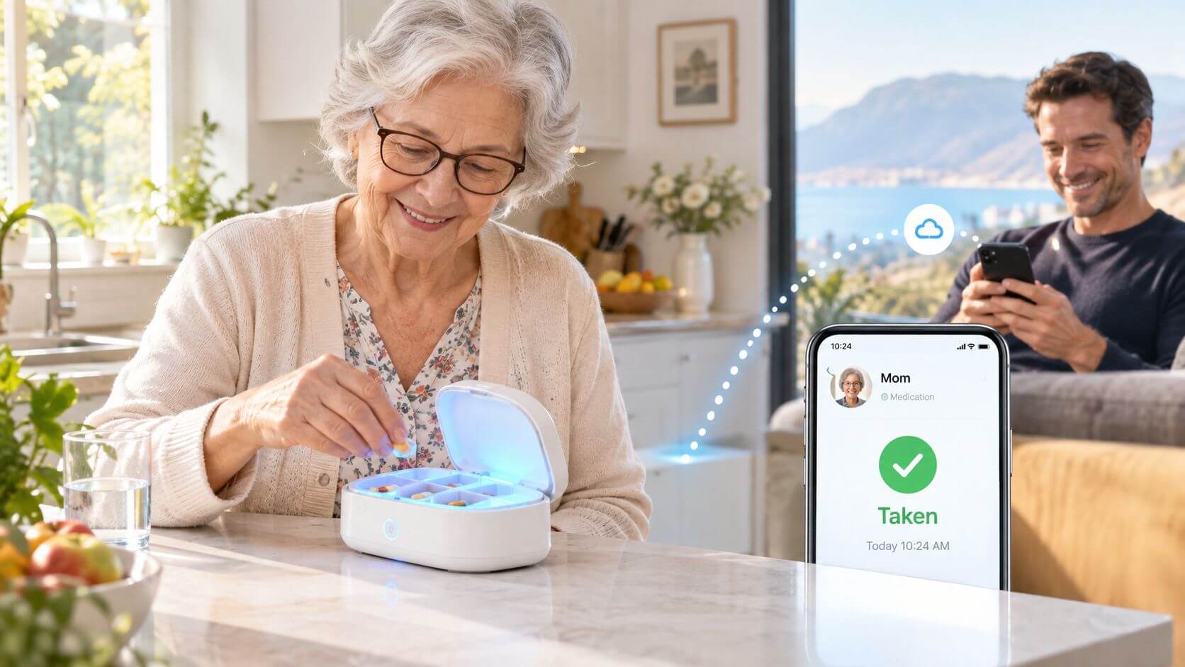 An elderly woman uses an intelligent electronic stacker while her son receives a smartphone notification.