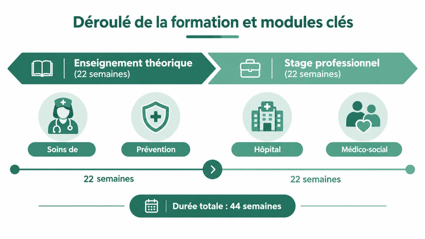 Schematic diagram showing the course of the aide-soignant training with 22 theoretical weeks and 22 weeks of internship.