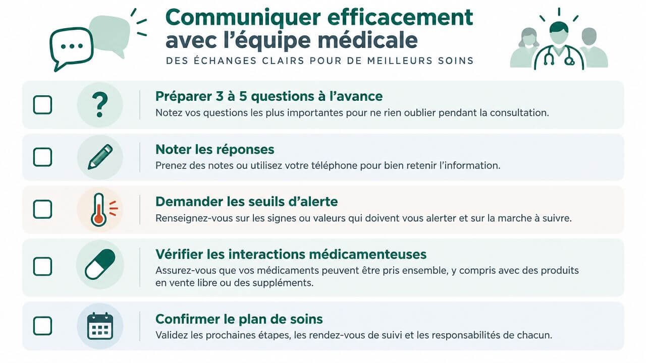 An infographic with five practical tips to better communicate with your medical team during consultations.