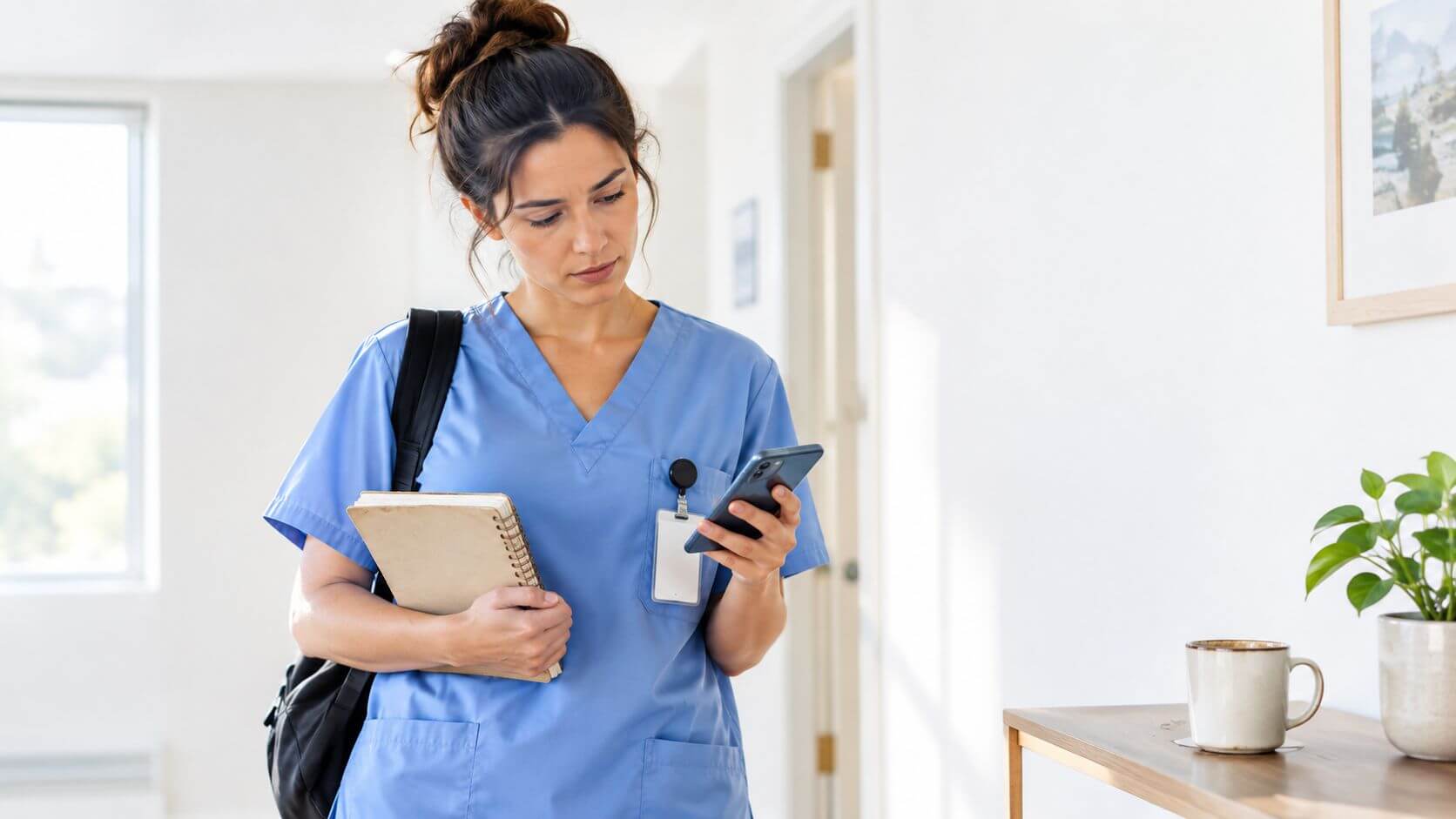 A nurse in blue clothes checks her cell phone by wearing a notebook in a light corridor.