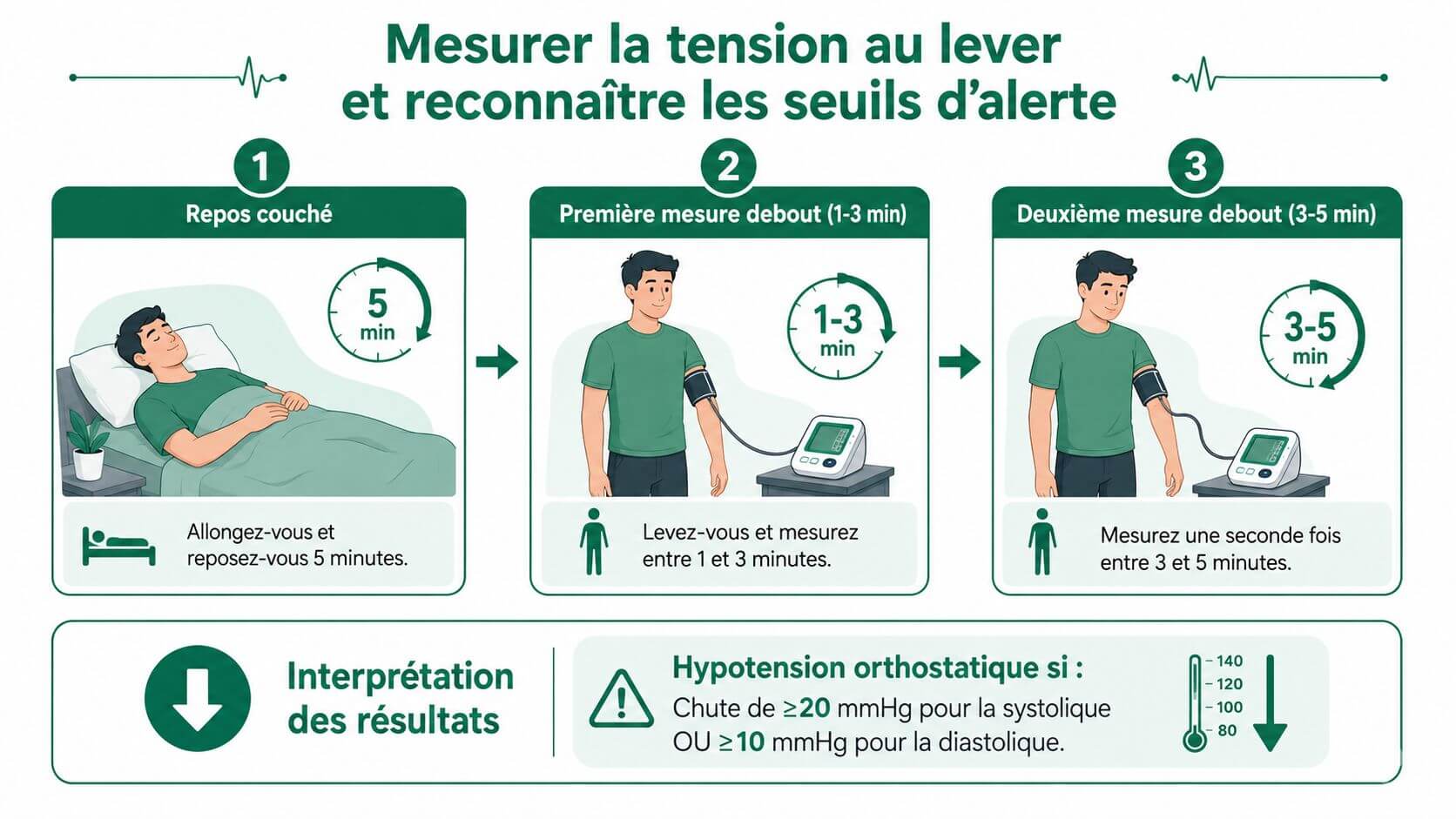 Infographic explaining how to measure your blood pressure in lying position and then standing to detect orthostatic hypotension.