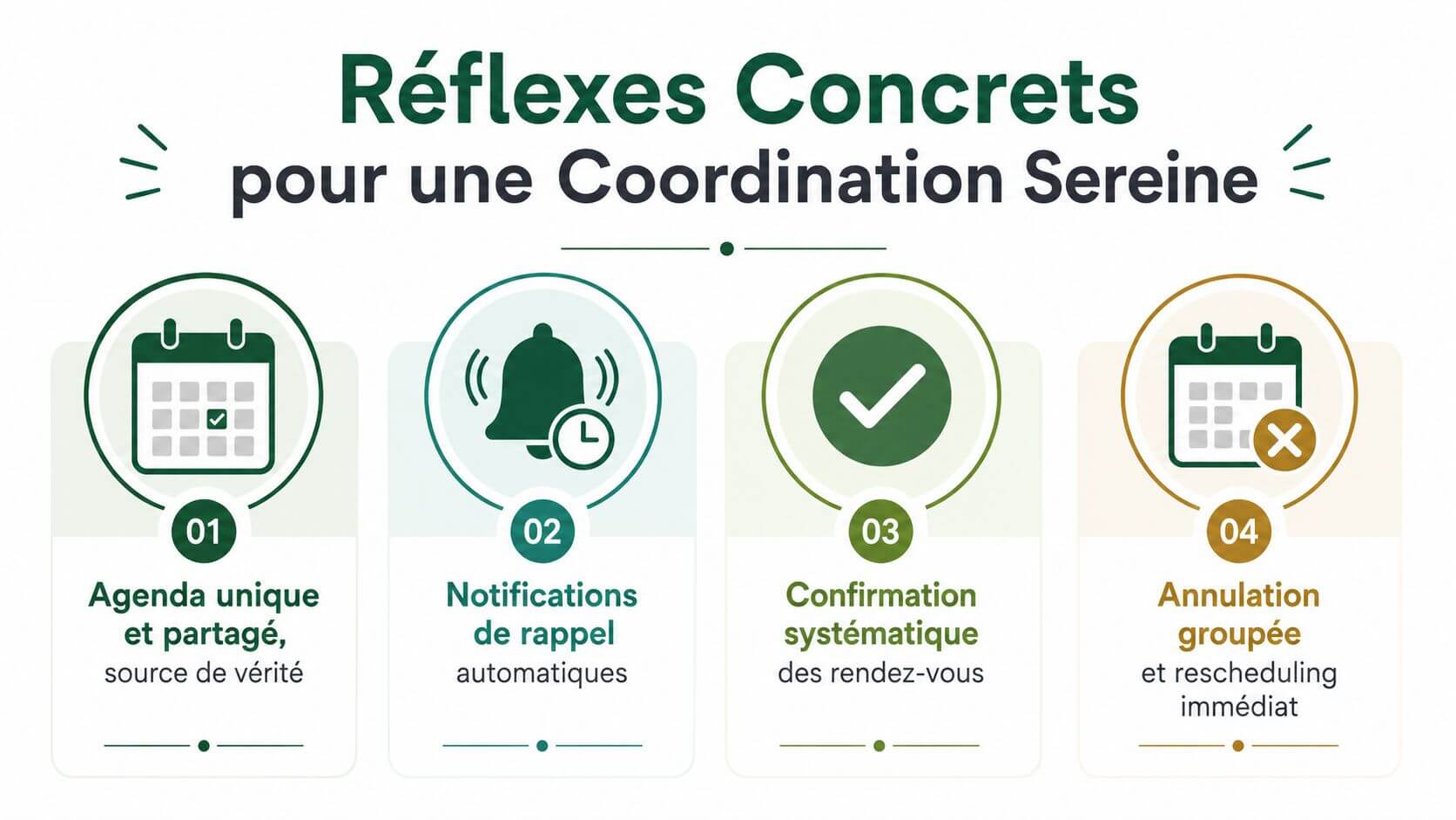 An infographic with four essential reflexes for a healthy co-ordination of home care on a daily basis.